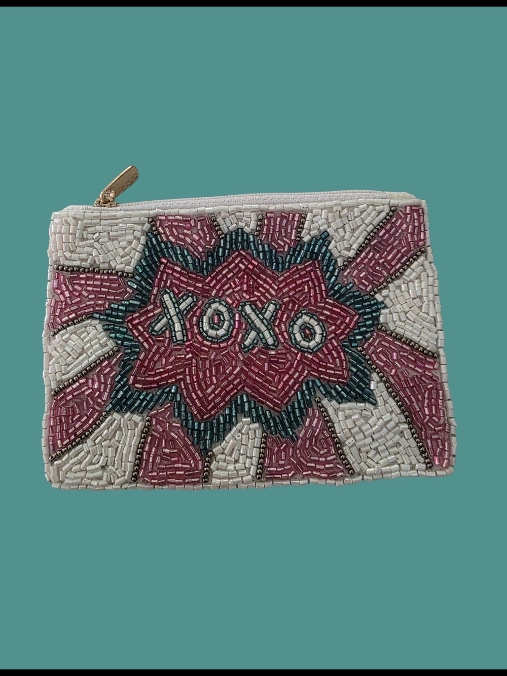 Beaded XOXO Zip Pouch in Pink and Cream